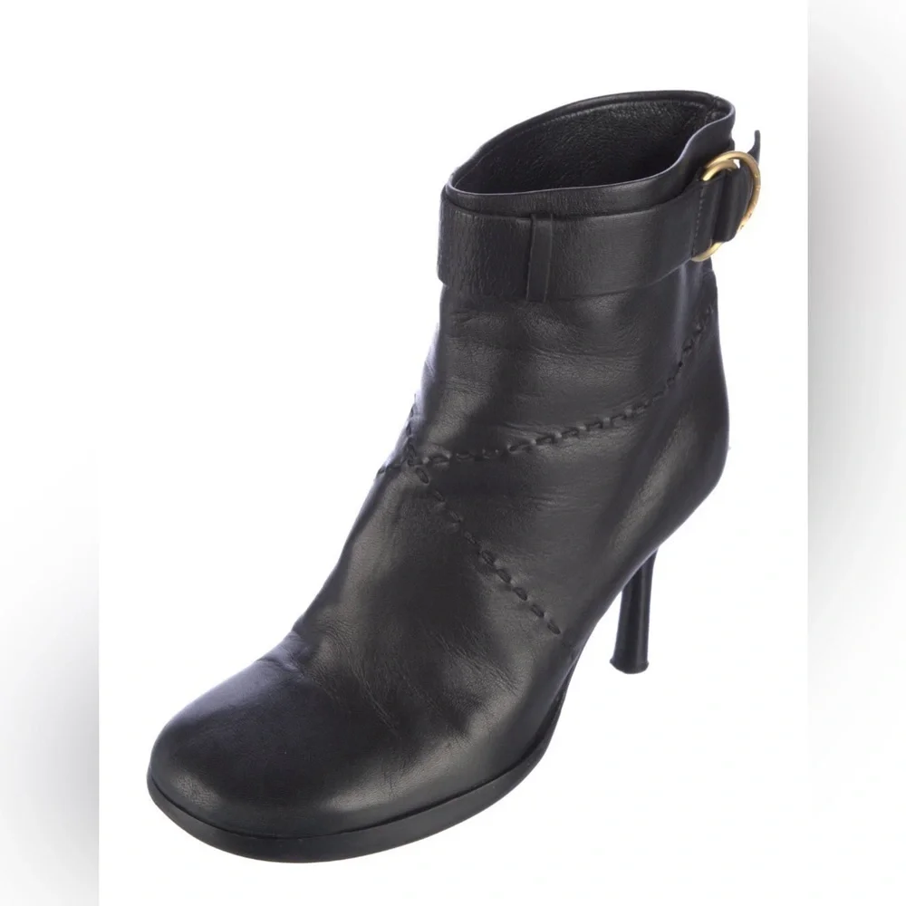 Chanel Black Ankle Boots Heels 38.5 Booties CC Interlocking Logo Leather Vintage